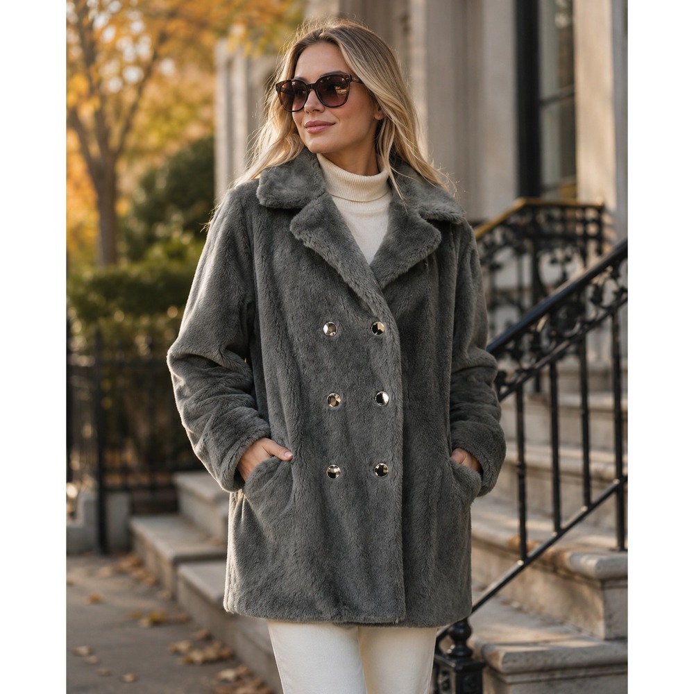 Vintage Sears Faux Fur Coat Gray Double Breasted Plush Jacket Size M